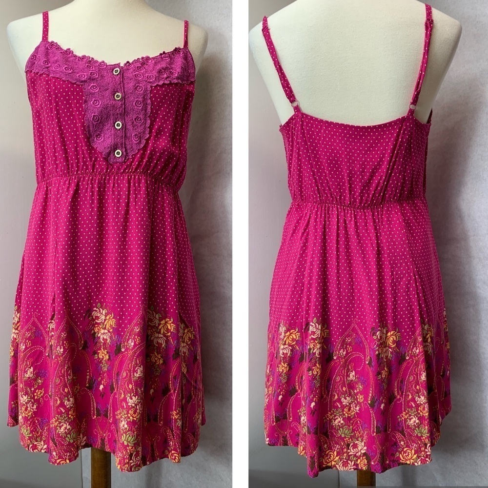 Free People hot pink boho floral and polka dot dress M